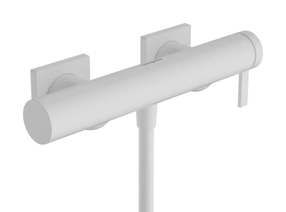Weißer Einhebel-Brausemischer von Hansgrohe zur Wandmontage. Rundes und schlichtes Design, geeignet für moderne Badezimmerausstattungen.